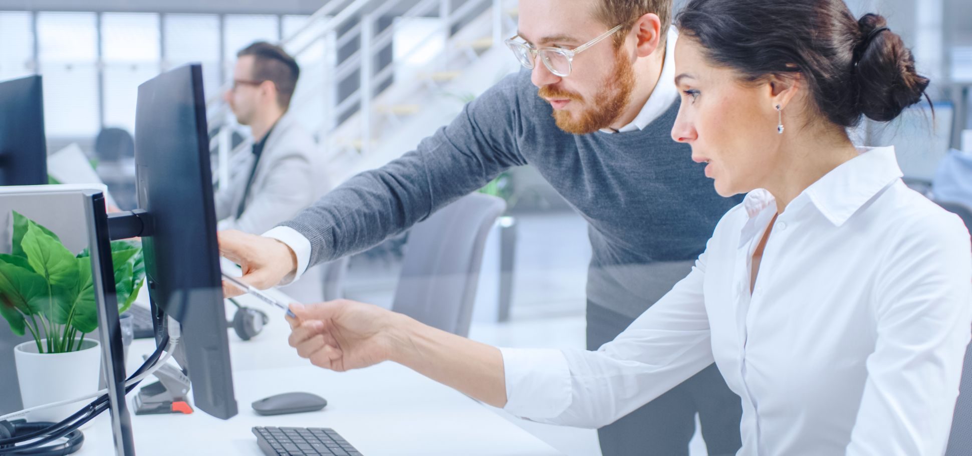 Colleagues work together on their computers