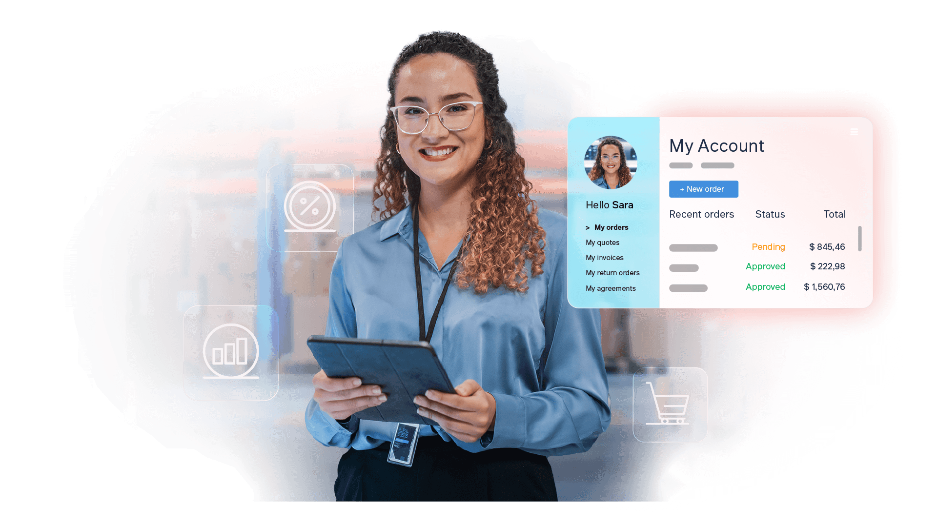 woman holding a tablet with a graphic of a sana commerce cloud user account for b2b ecommerce solution